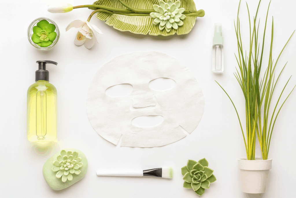 ホワイト色のシートマスクと美容アイテムのフラットレイ。乾燥肌のケアをイメージしたエレガントなスキンケア写真。