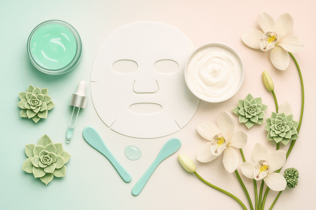 ミント色のシートマスクとスパチュラや美容アイテムのフラットレイ。乾燥肌のケアをイメージしたエレガントなスキンケア写真。
