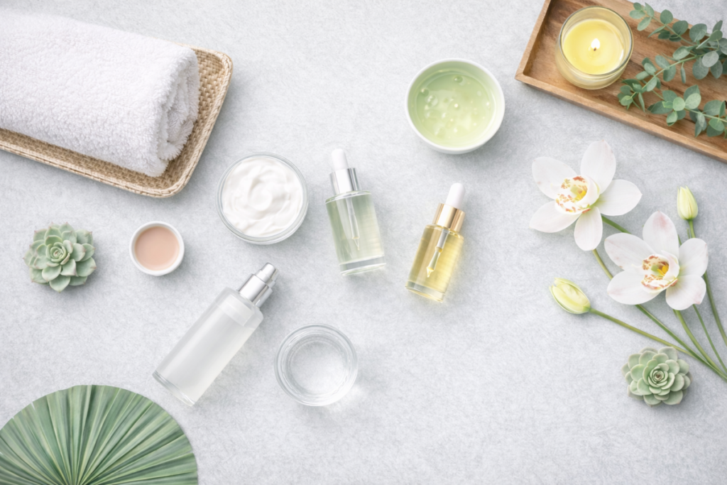 ペールグレー背景のスキンケア化粧品イメージの写真