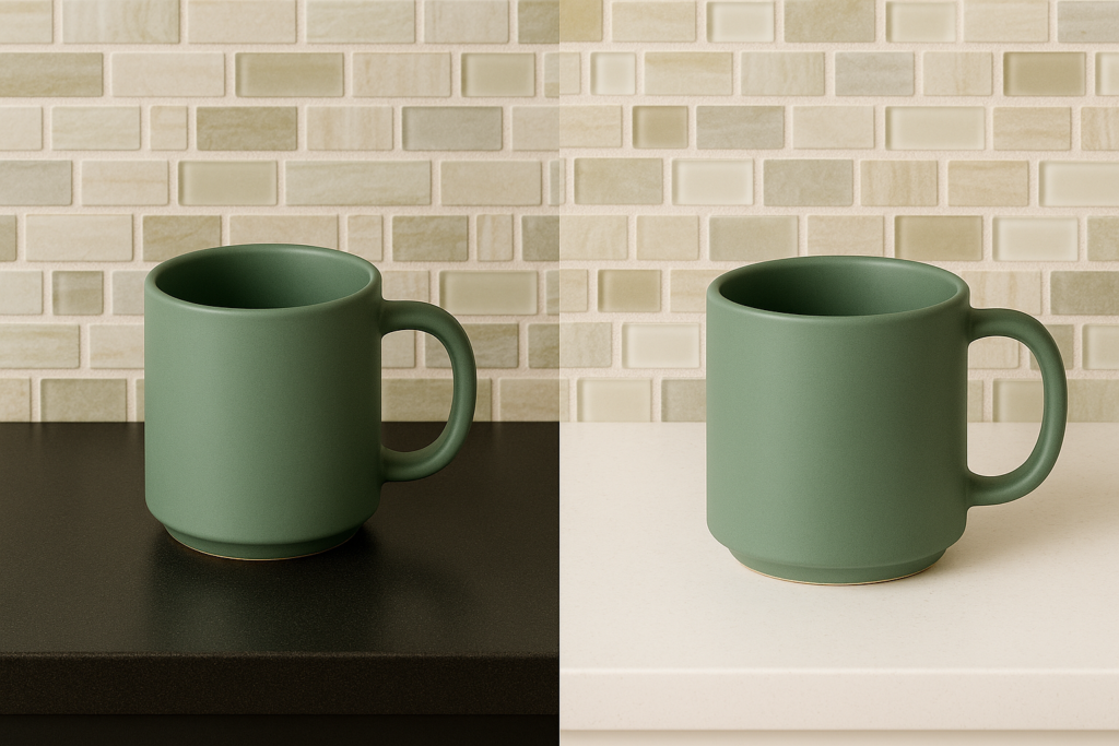 背景がモザイクタイルのモスグリーンのマグカップの写真