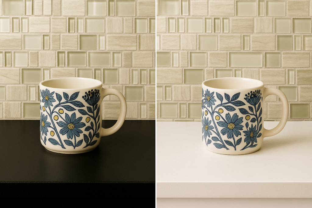 モザイクタイル背景のリーフ柄のマグカップの写真